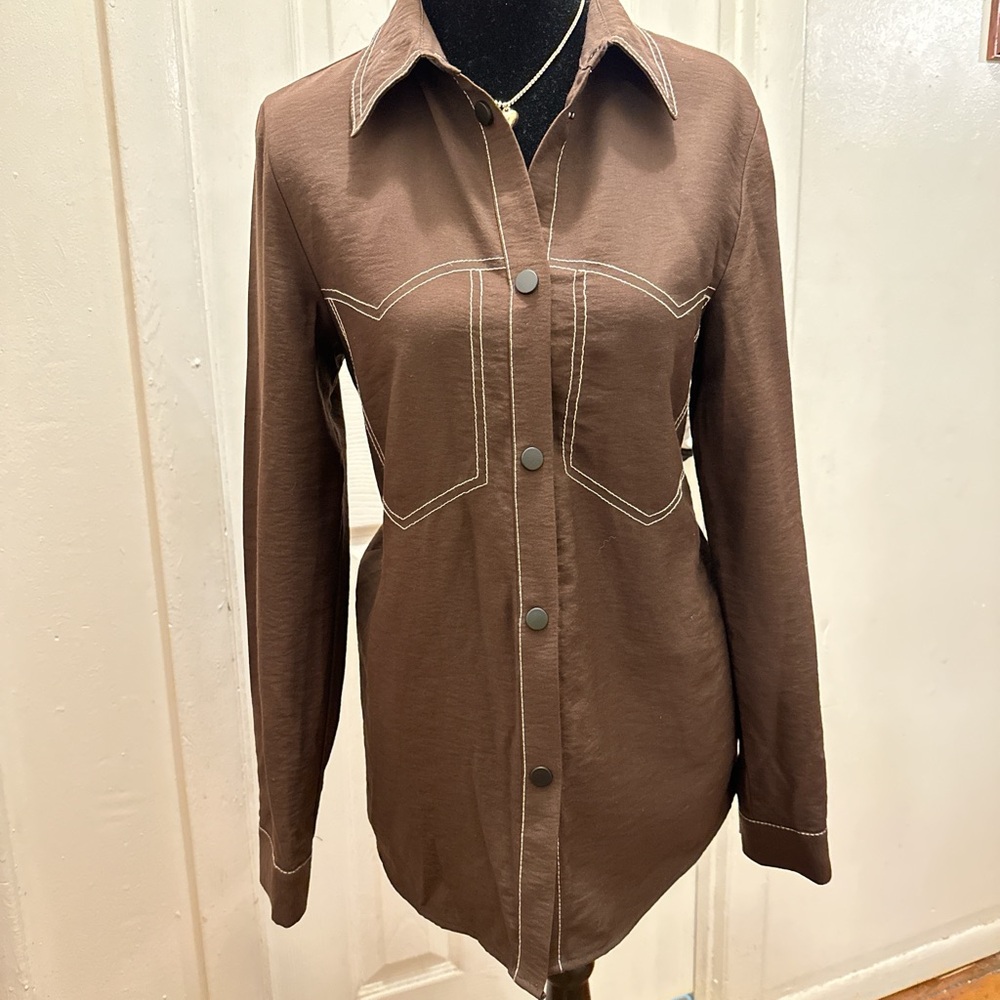 NWOT Brown Button-Up Shirt with White Contrast Stitching